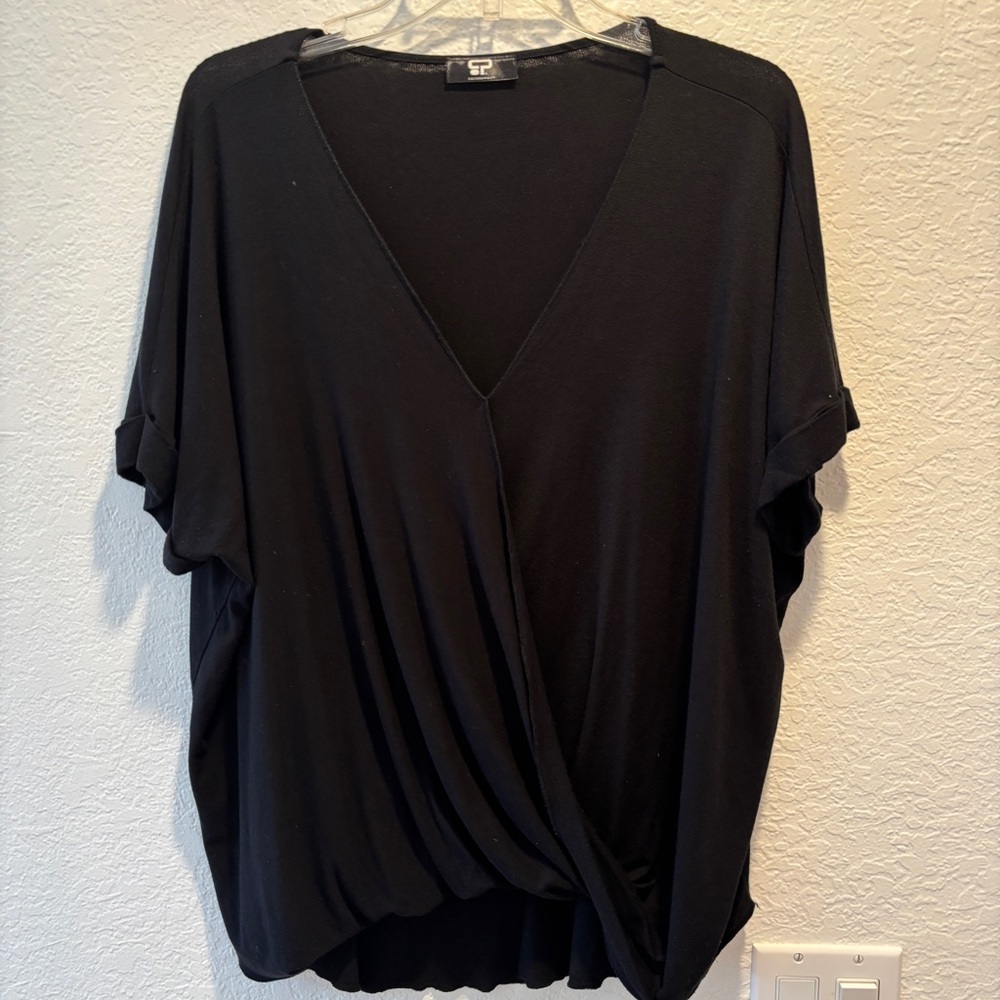 Black Draped Surplice Short-Sleeve Blouse
